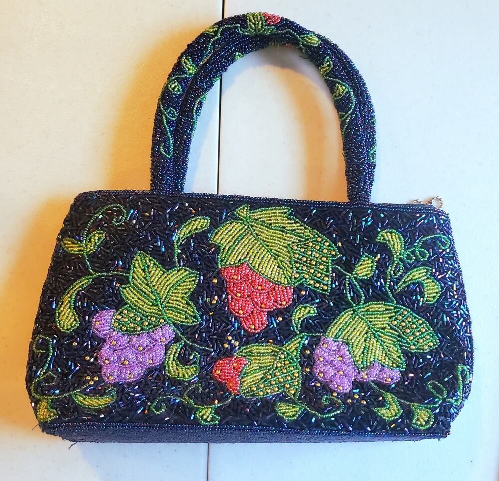 Vintage Womens MultiColor Grape Beaded Handbag Small Size Boho Unique Artsy